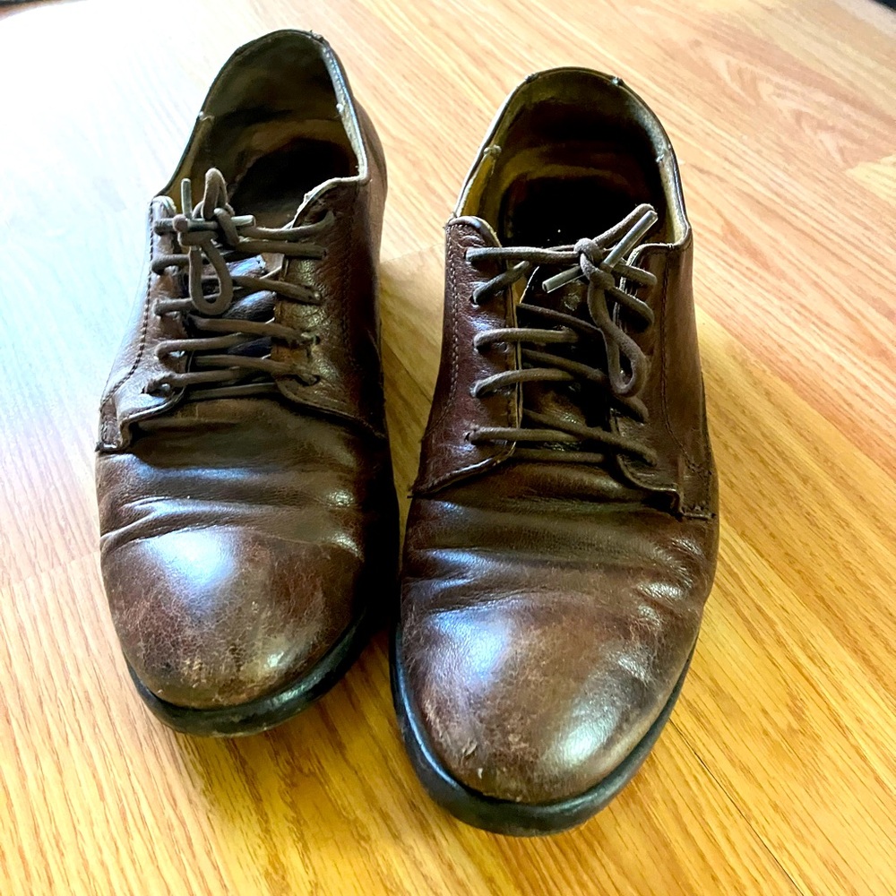 Brown Oxford Frye shoes. Well-loved with new soles put in.